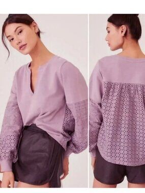 Anthropologie Eyelet Boho Oversized Sweatshirt-Lavender Purple-Women